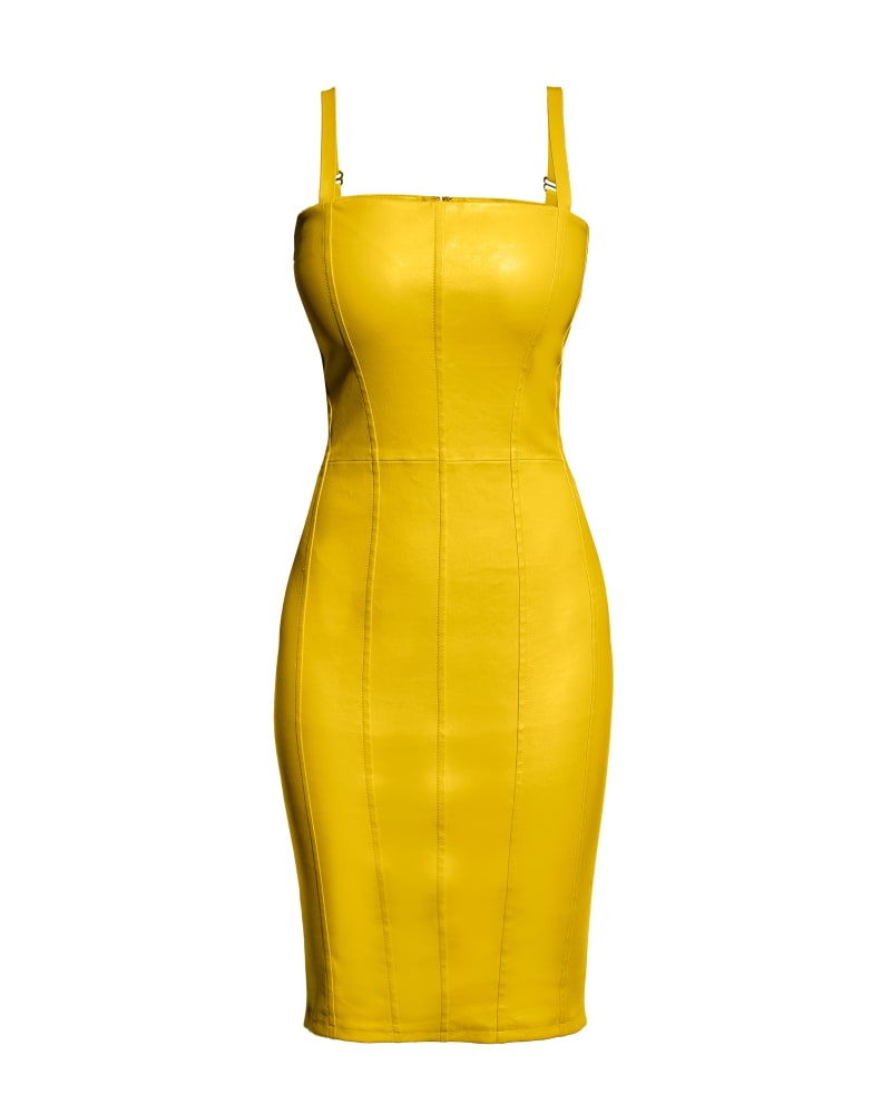 Front of a size L Merci Stretch Leather Dress in Lemon Yellow by AS by DF. | dia_product_style_image_id:347064